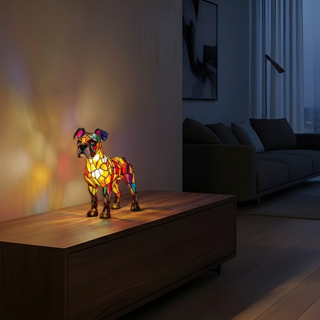 Schitterende Boxer dierenlamp die gezellig gloeit in een kamer 's avonds
