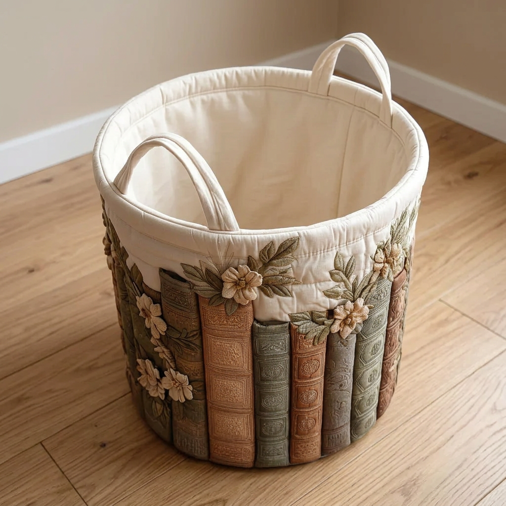 Panier à linge matelassé Chronique fleurie, vide, avec sa doublure matelassée crème