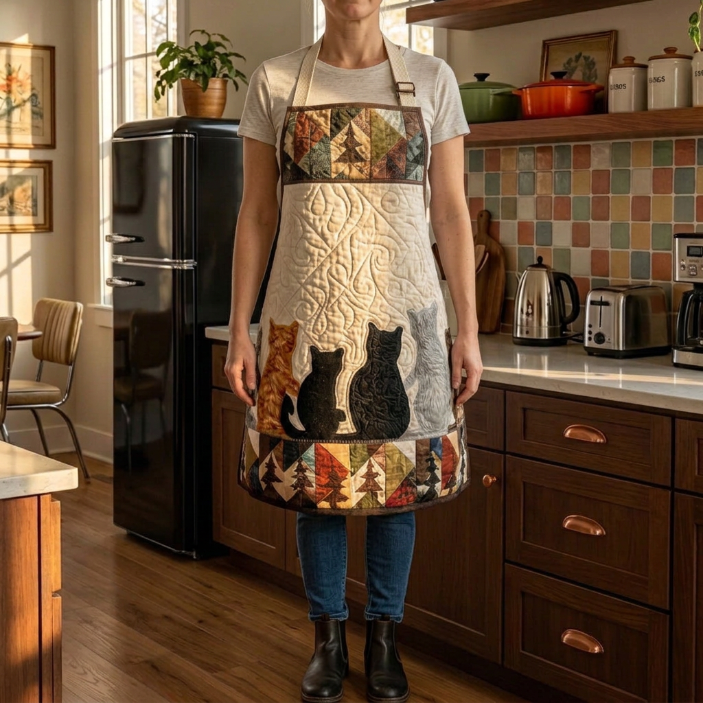 Gewatteerd keukenschort Snorharen in de Wei gedragen in de keuken