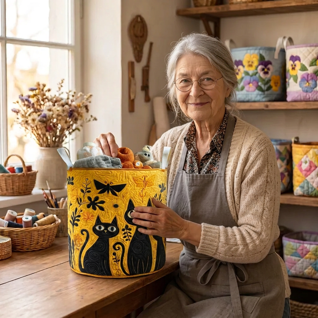 Lien met de gewatteerde wasmand Kattenfamilie in haar naaiatelier