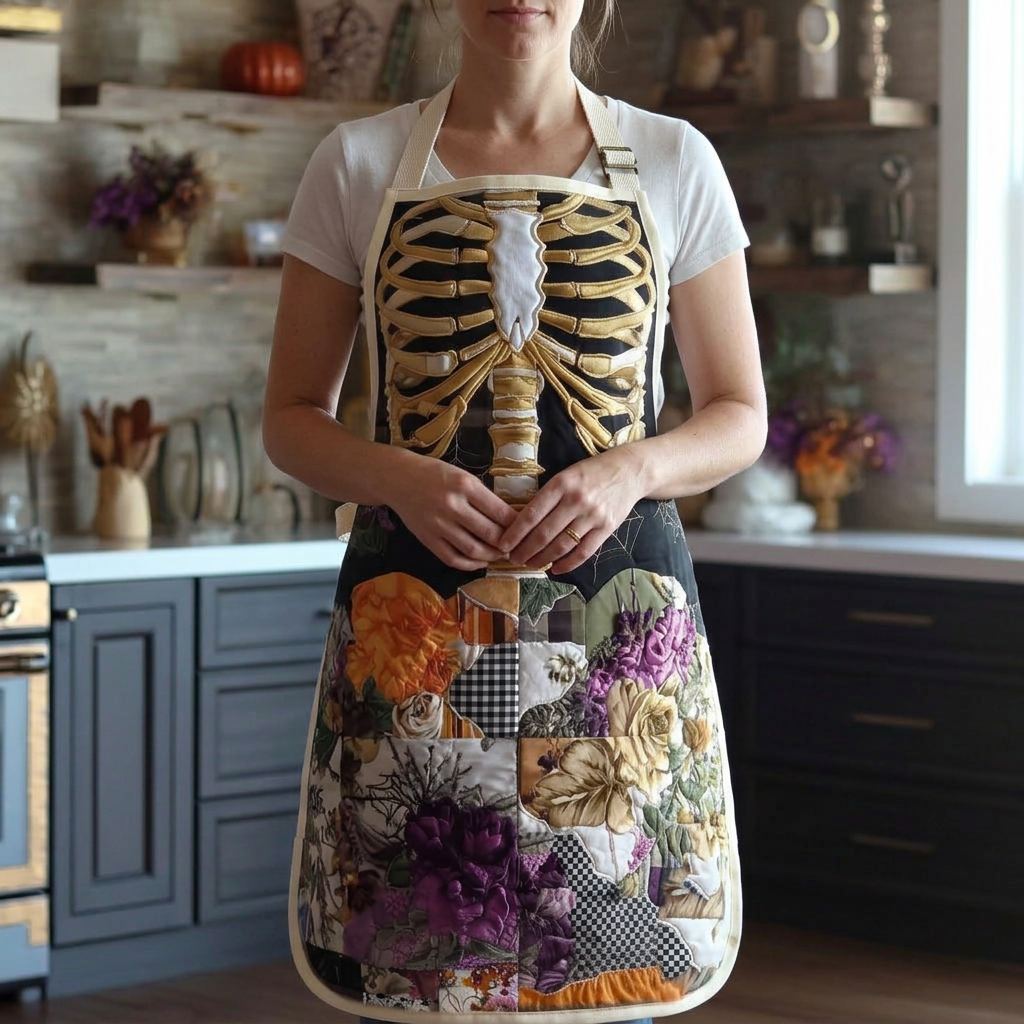 Gewatteerd keukenschort Herfstbotjes gedragen in de keuken