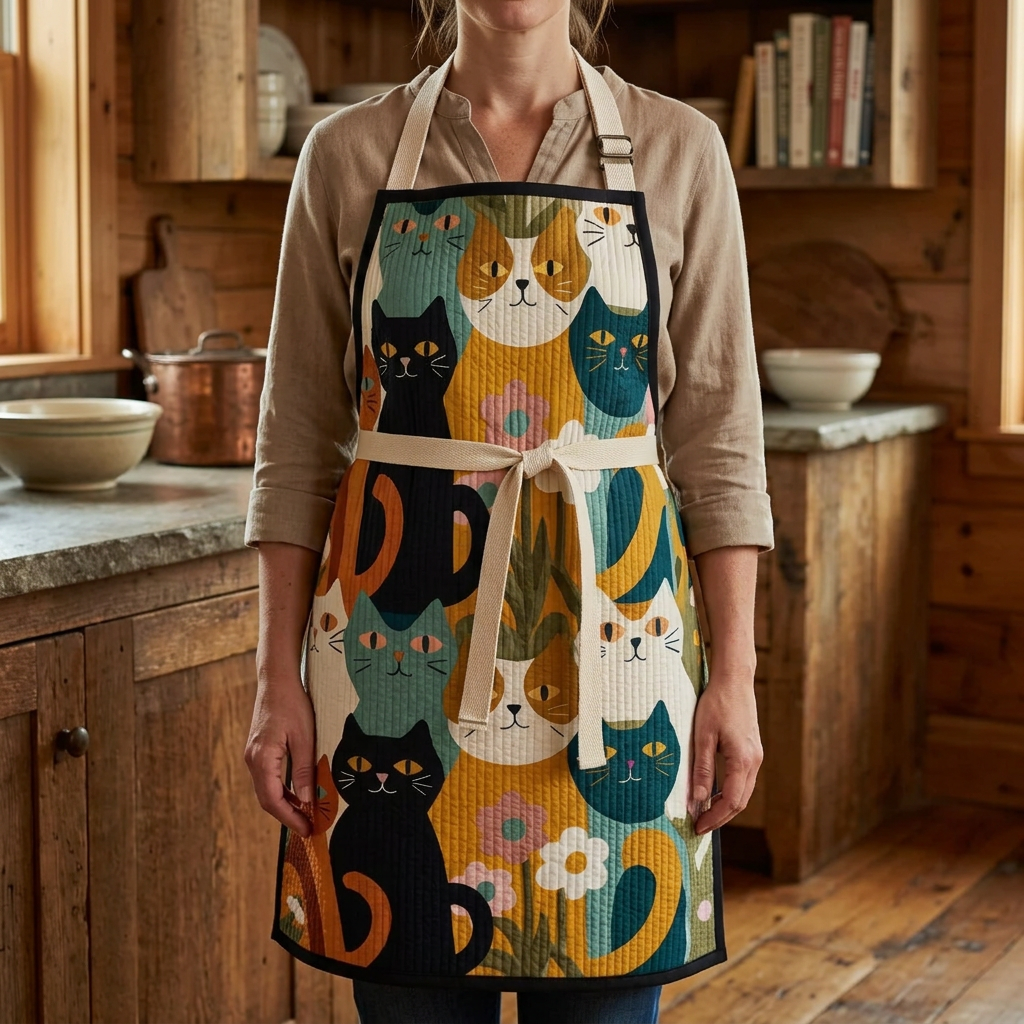 Gewatteerd keukenschort Rustiek Poezenhuisje gedragen in de keuken