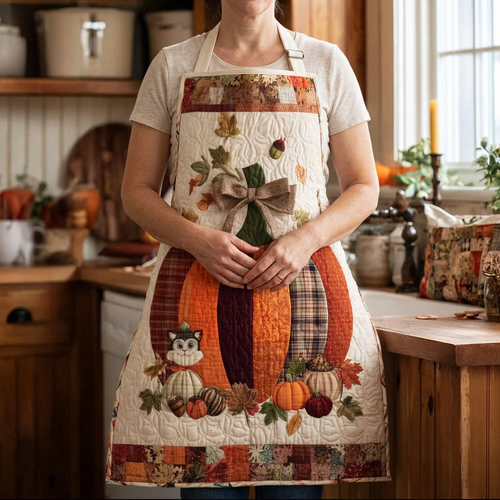 Tablier de cuisine matelassé Rassemblement d'Automne porté dans la cuisine