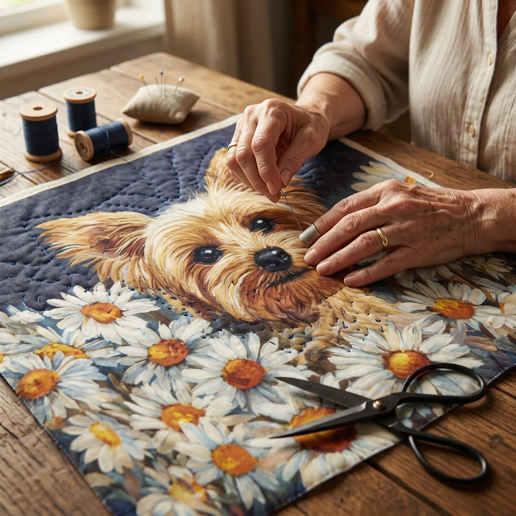 Close-up van handen die het motief Yorkshire in bloemen quilten