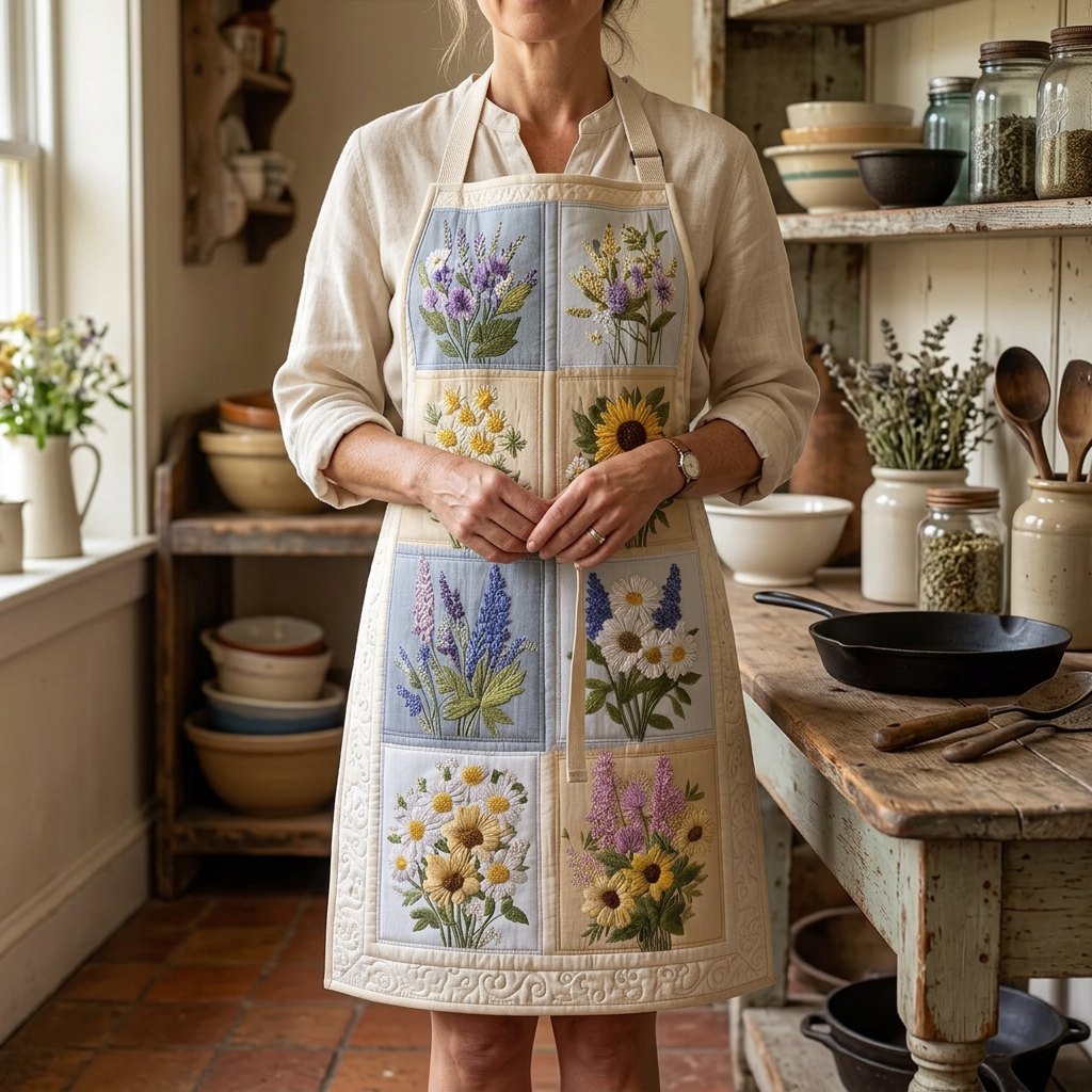 Gewatteerd keukenschort Tuinpatchwork gedragen in de keuken