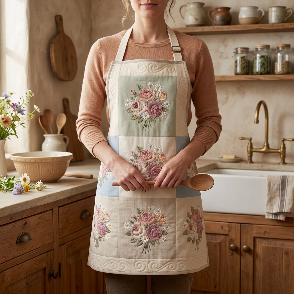 Gewatteerd keukenschort Landhuisbloesem gedragen in de keuken