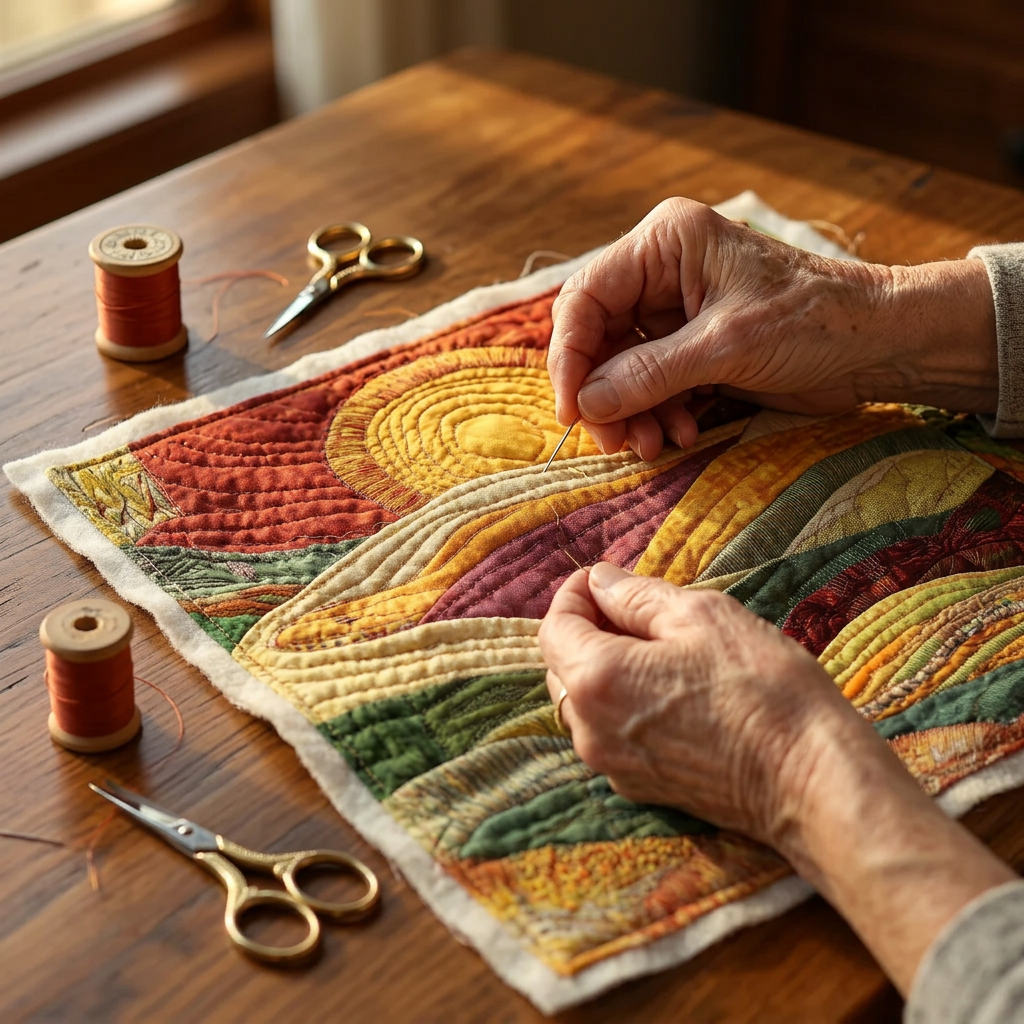 Close-up van handen die het motief Zonnegloed quilten