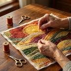 Close-up van handen die het motief Zonnegloed quilten
