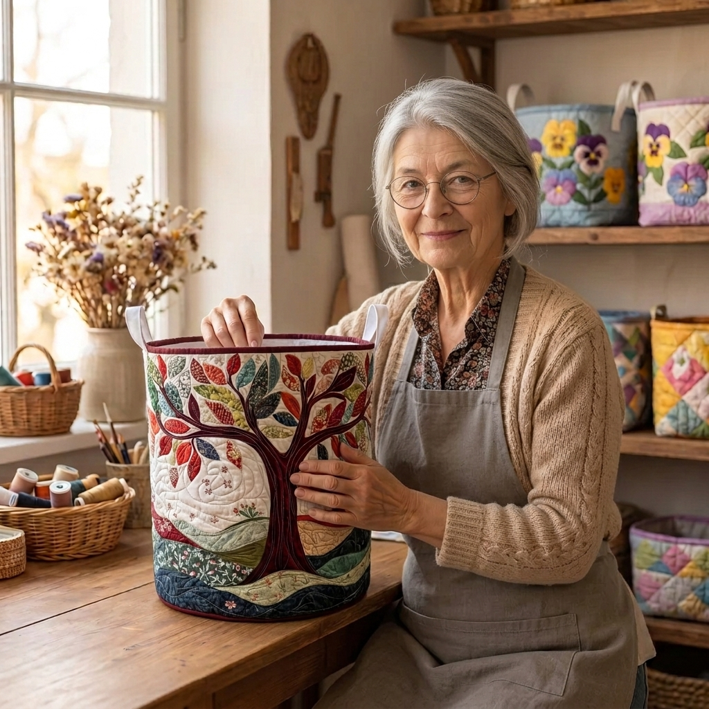 Lien met de gewatteerde wasmand Gloeiende boom in haar naaiatelier