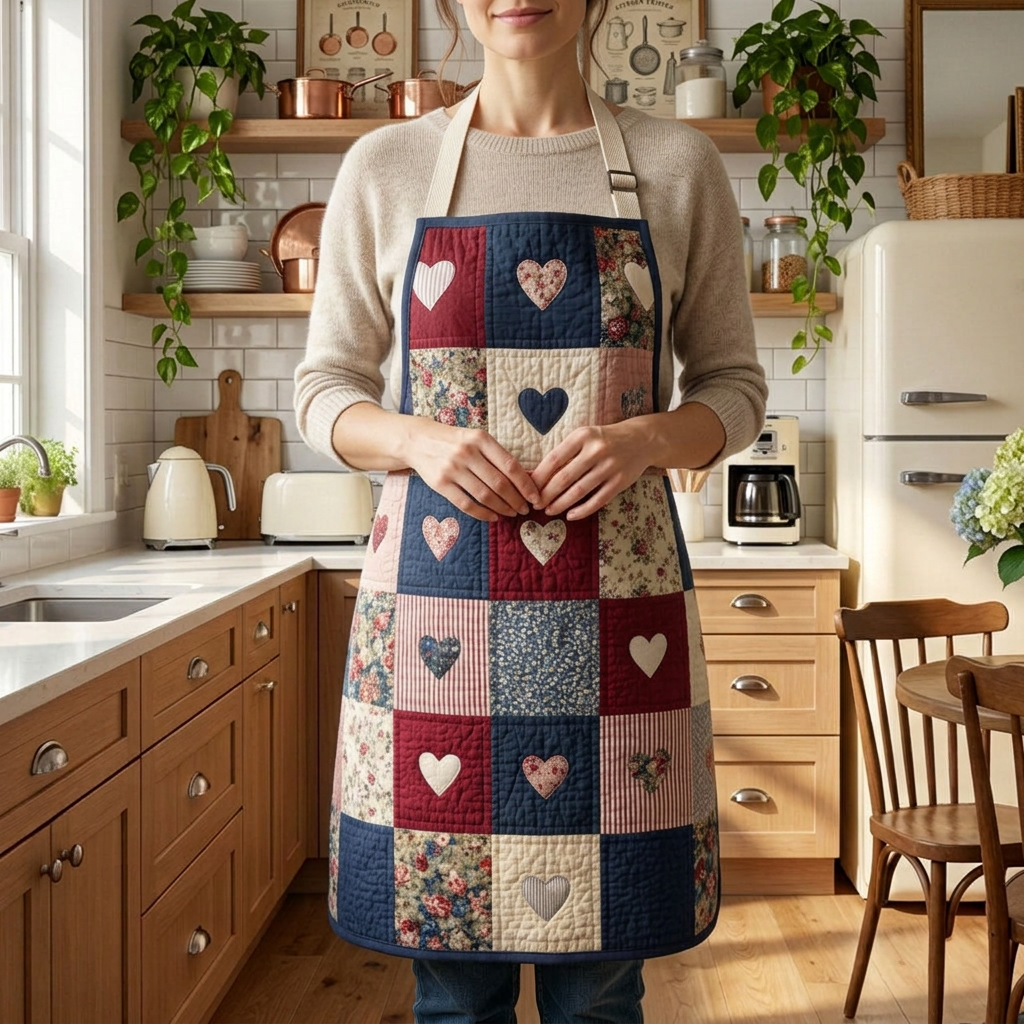 Gewatteerd keukenschort Liefdesbriefjes uit het Landhuis gedragen in de keuken