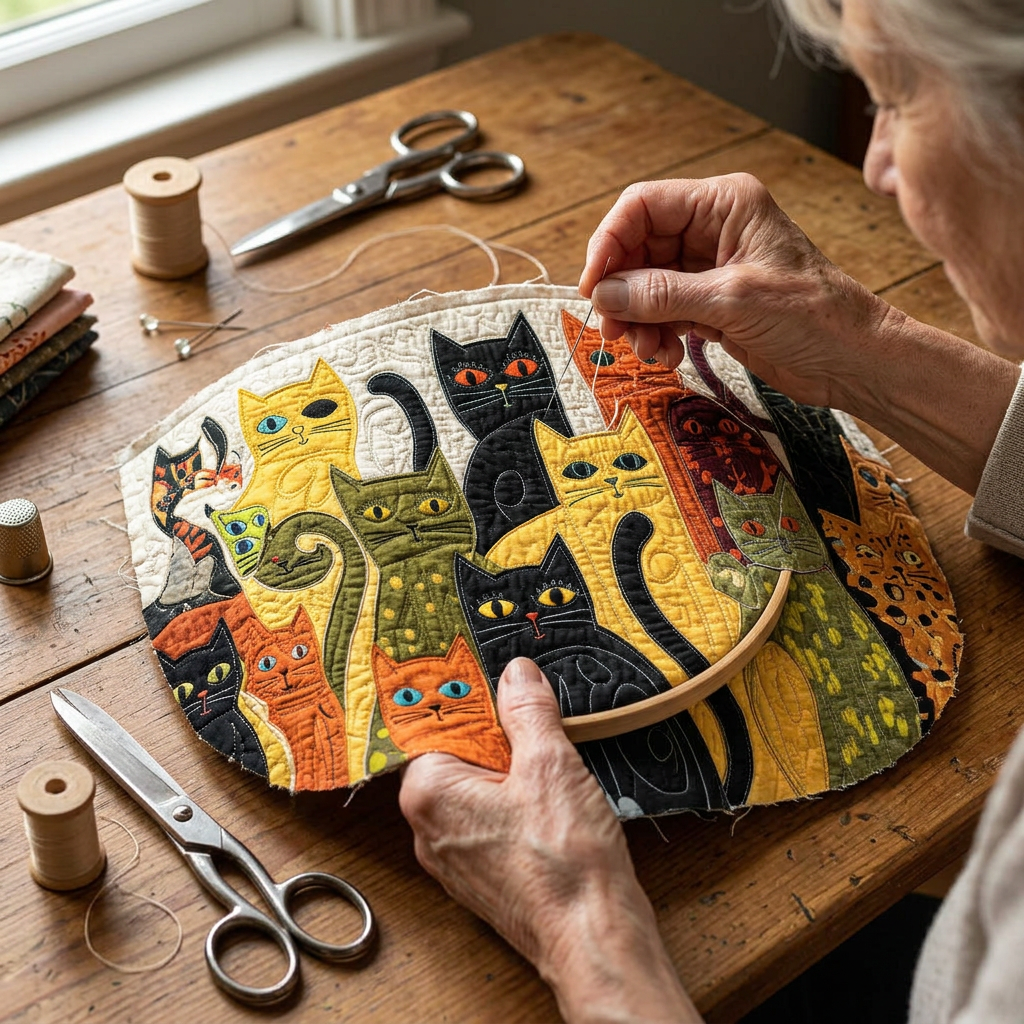 Close-up van handen die het motief Knus kattenfeest quilten