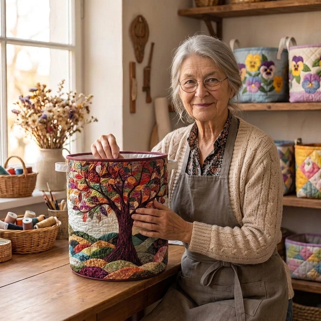 Lien met de gewatteerde wasmand Geest van het bos in haar naaiatelier