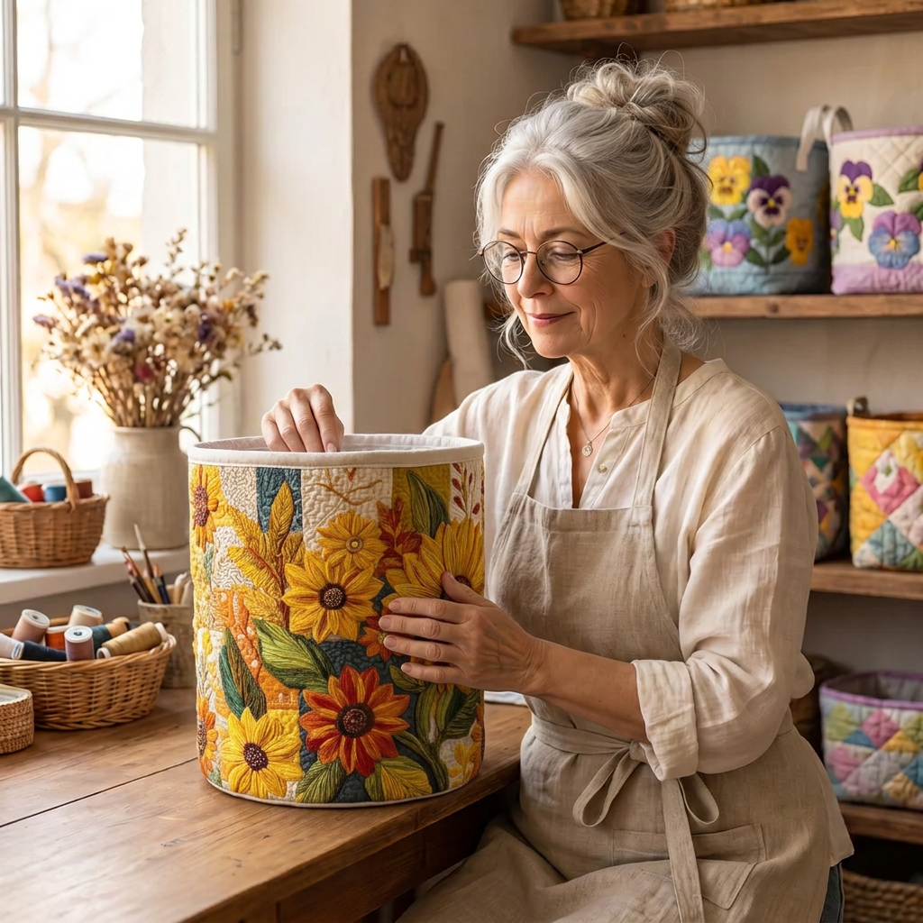Lien avec le panier à linge matelassé Rêve de tournesols dans son atelier de couture