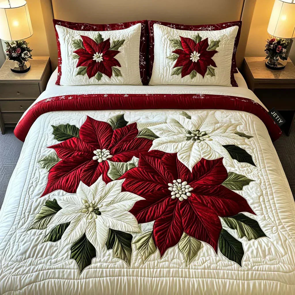 Parure de lit matelassée Poinsettias d'hiver – housse de couette et 2 taies d'oreiller