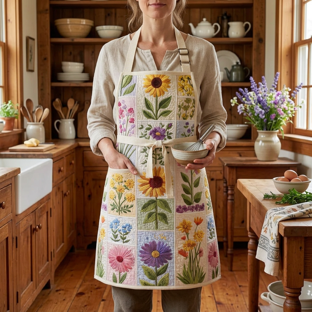 Gewatteerd keukenschort Wildebloemenhuisje gedragen in de keuken