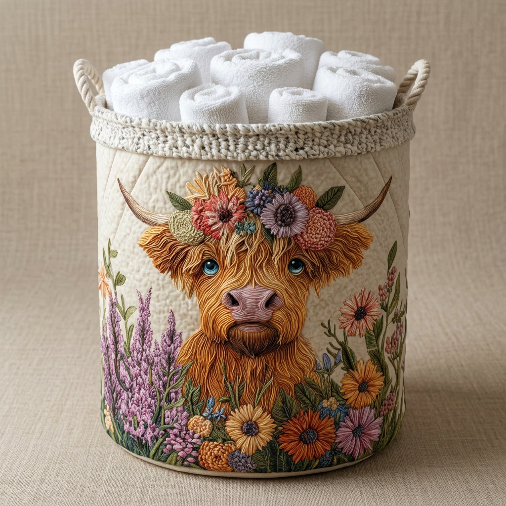 Gewatteerde wasmand Bloemrijke Highlands gevuld met opgerolde witte handdoeken
