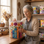 Lien met de gewatteerde wasmand Bloemenbibliotheek in haar naaiatelier