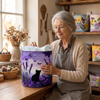 Lien met de gewatteerde wasmand Kattenvriendjes in haar naaiatelier