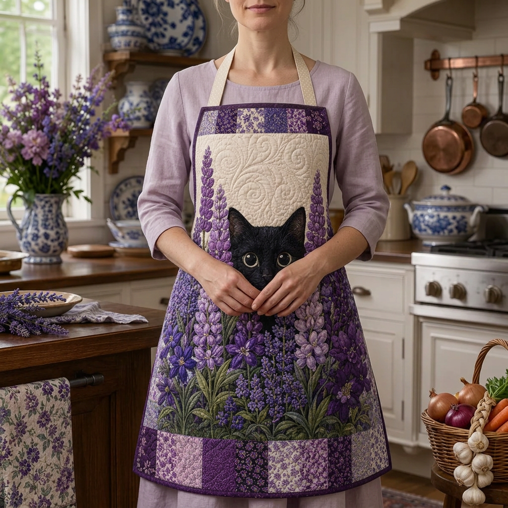 Gewatteerd keukenschort Lavendelweide gedragen in de keuken