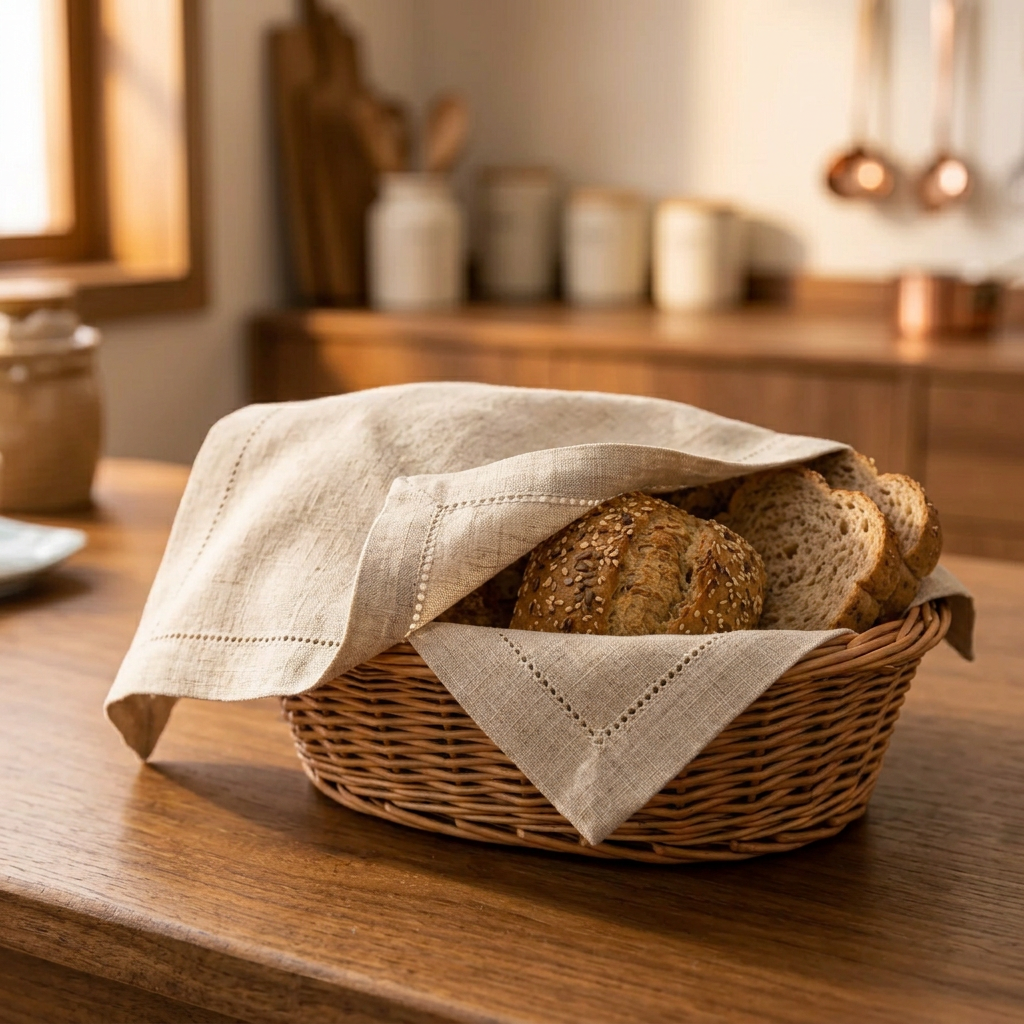 Serviette en lin couvrant une corbeille à pain