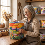 Lien met de gewatteerde wasmand Lentevelden in haar naaiatelier