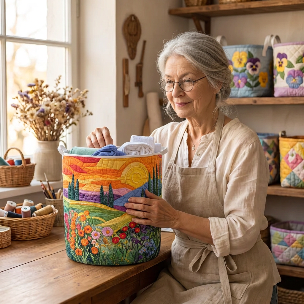 Lien met de gewatteerde wasmand Lentevelden in haar naaiatelier