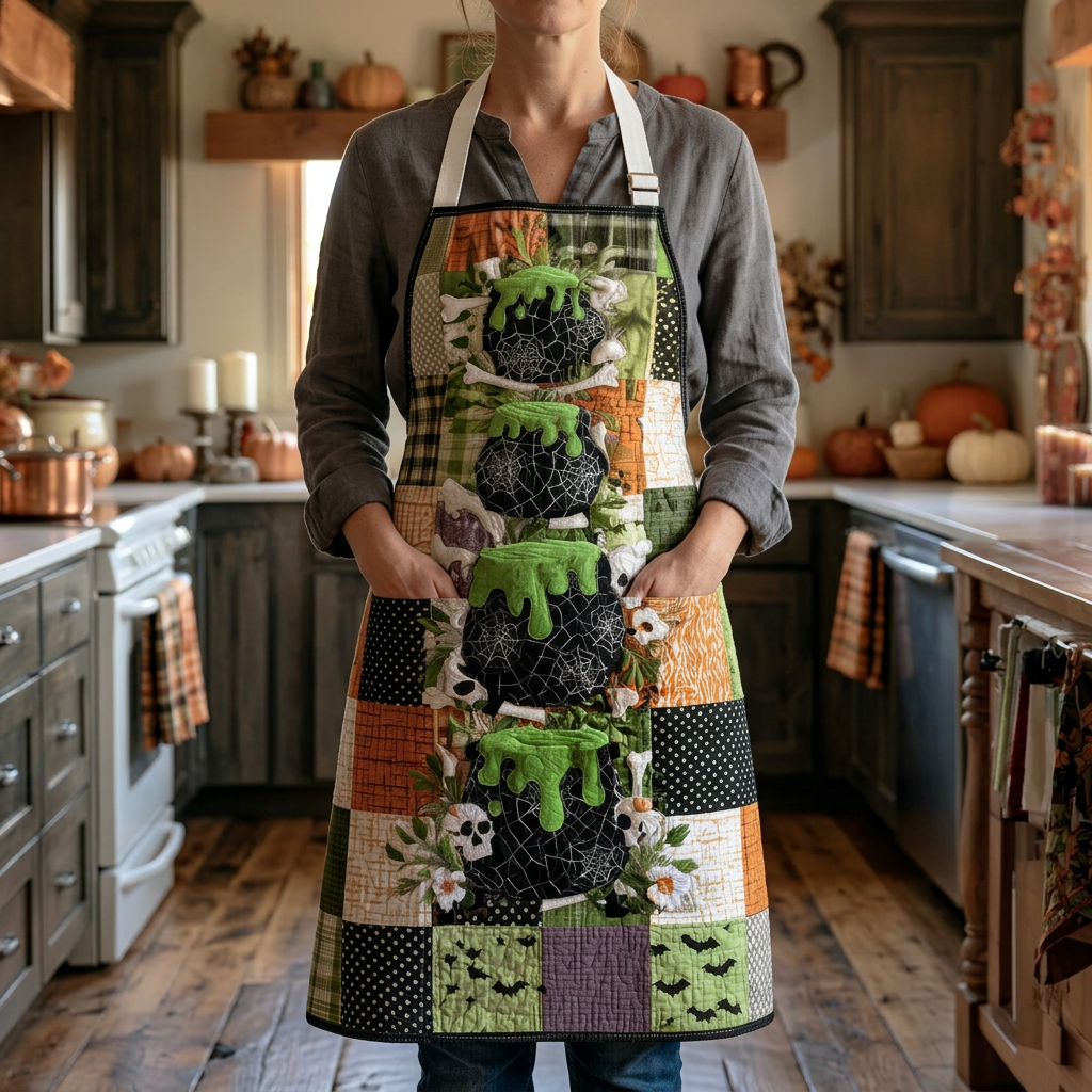 Gewatteerd keukenschort Ketelbekoring gedragen in de keuken