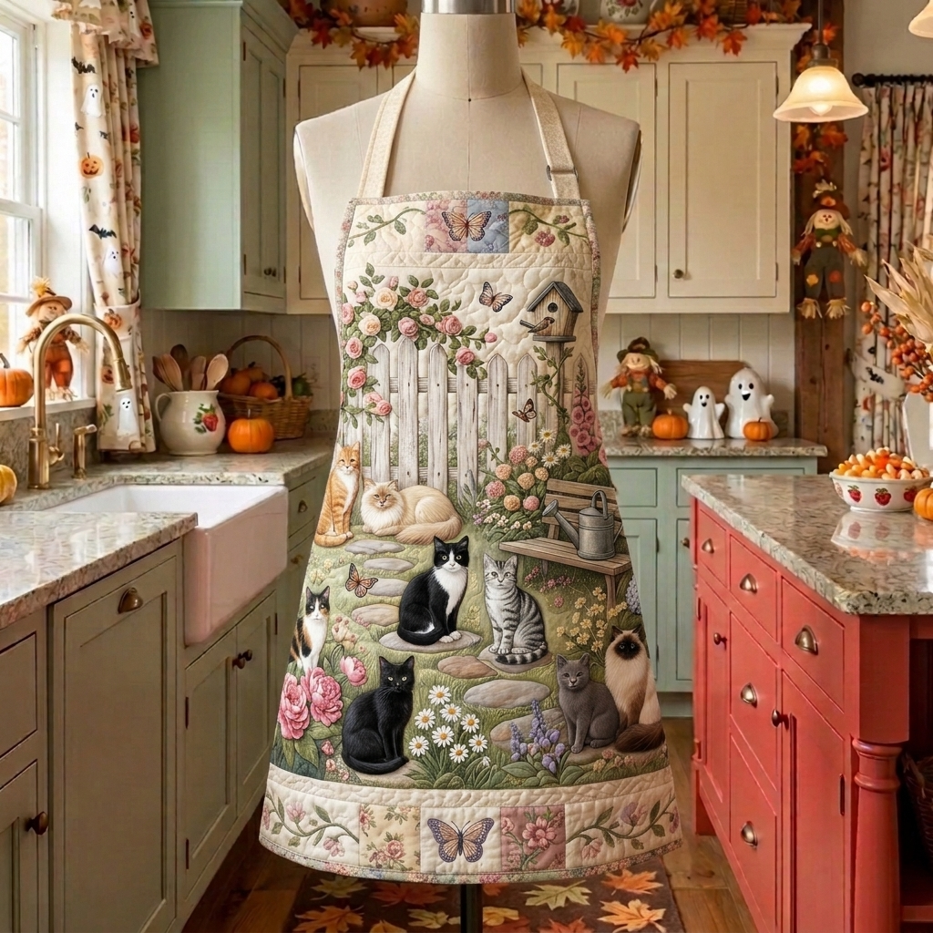 Tablier de cuisine matelassé Joyeuse Tribu de Chats sur un mannequin