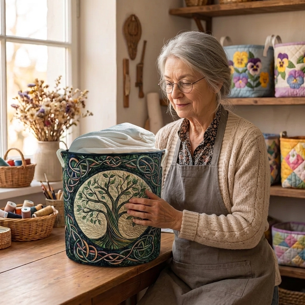 Lien met de gewatteerde wasmand Levensboom in haar naaiatelier