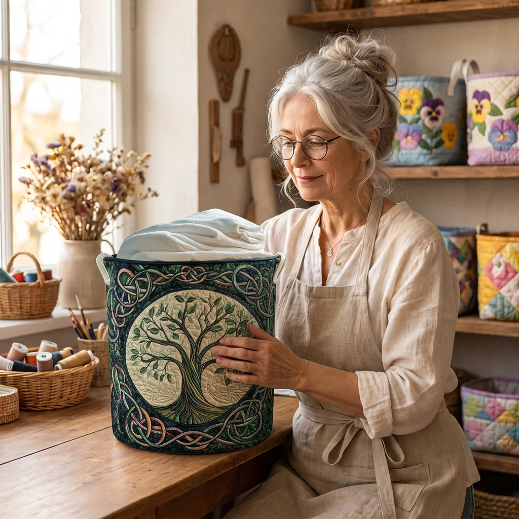 Lien met de gewatteerde wasmand Levensboom in haar naaiatelier