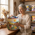 Lien met de gewatteerde wasmand Lenteweide in haar naaiatelier