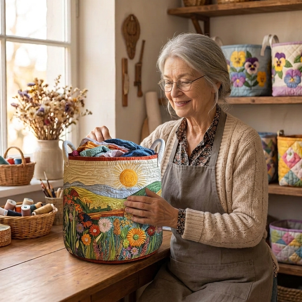 Lien met de gewatteerde wasmand Lenteweide in haar naaiatelier