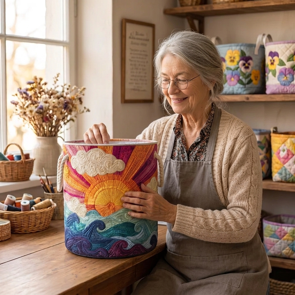 Lien met de gewatteerde wasmand Stralende zon in haar naaiatelier