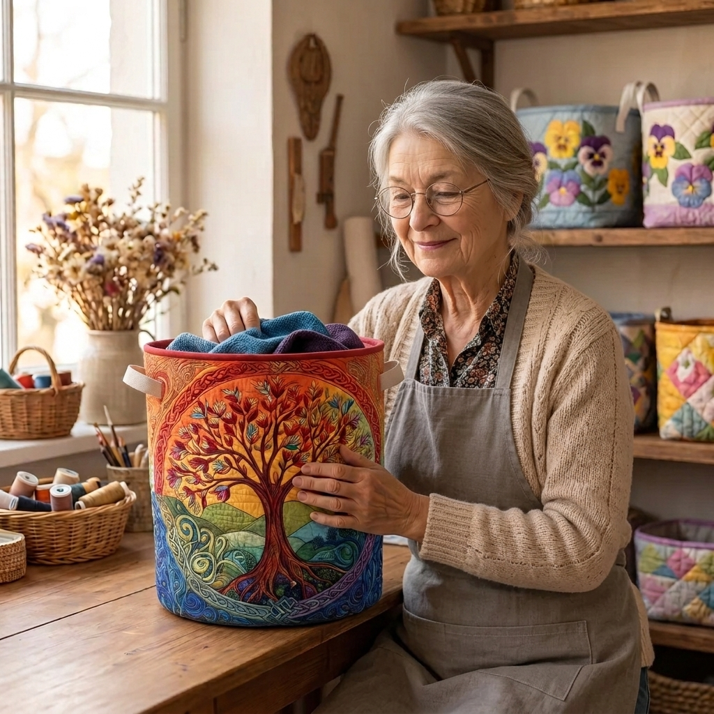 Lien met de gewatteerde wasmand Heilig woud in haar naaiatelier
