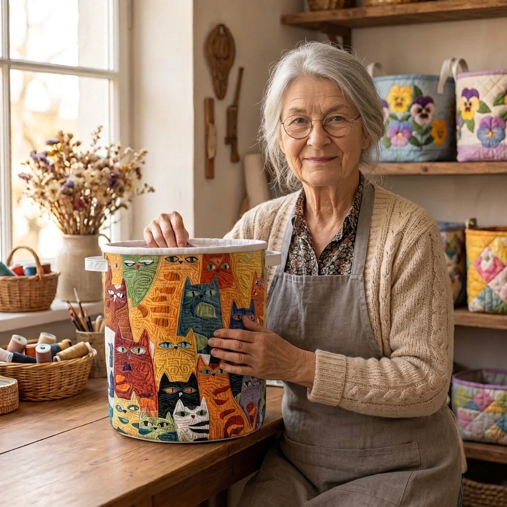 Lien met de gewatteerde wasmand Kattenbende in haar naaiatelier