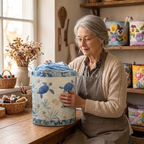 Lien avec le panier à linge matelassé Calme du littoral dans son atelier de couture