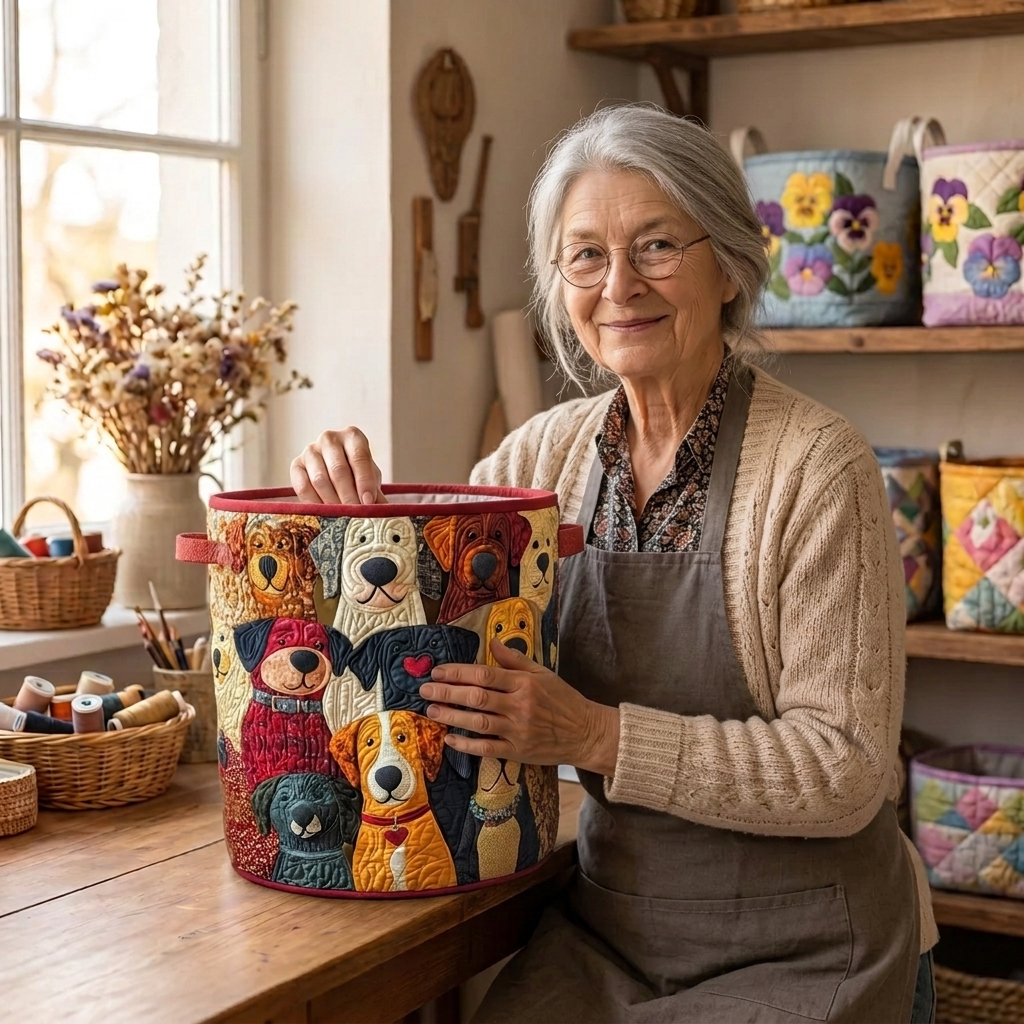 Lien avec le panier à linge matelassé Chiens colorés dans son atelier de couture