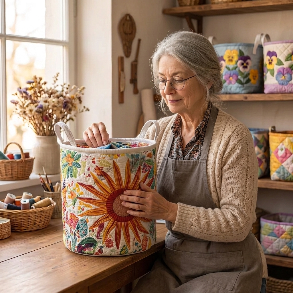 Lien met de gewatteerde wasmand Zonnige weide in haar naaiatelier