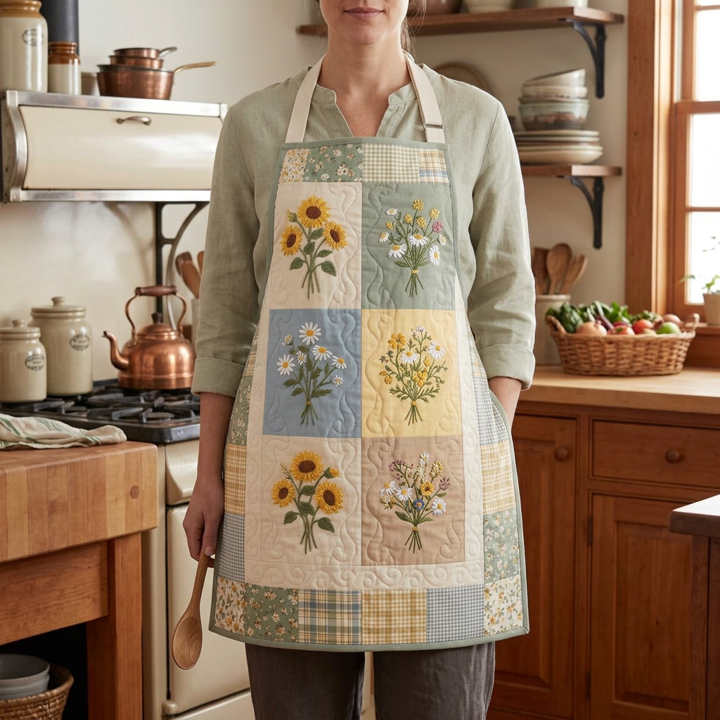 Gewatteerd keukenschort Weidebloemen gedragen in de keuken