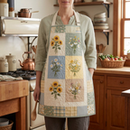 Gewatteerd keukenschort Weidebloemen gedragen in de keuken