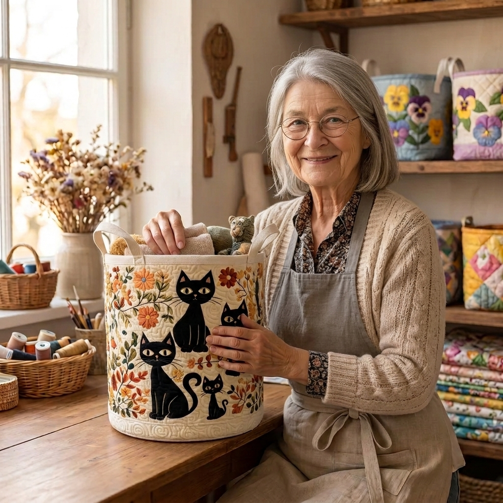 Lien met de gewatteerde wasmand Katten tussen de bloemen in haar naaiatelier