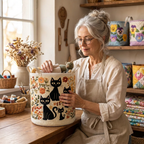 Lien met de gewatteerde wasmand Katten tussen de bloemen in haar naaiatelier