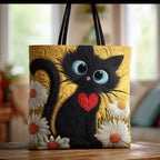 Zwarte Kat met Madeliefjes gewatteerde tote bag