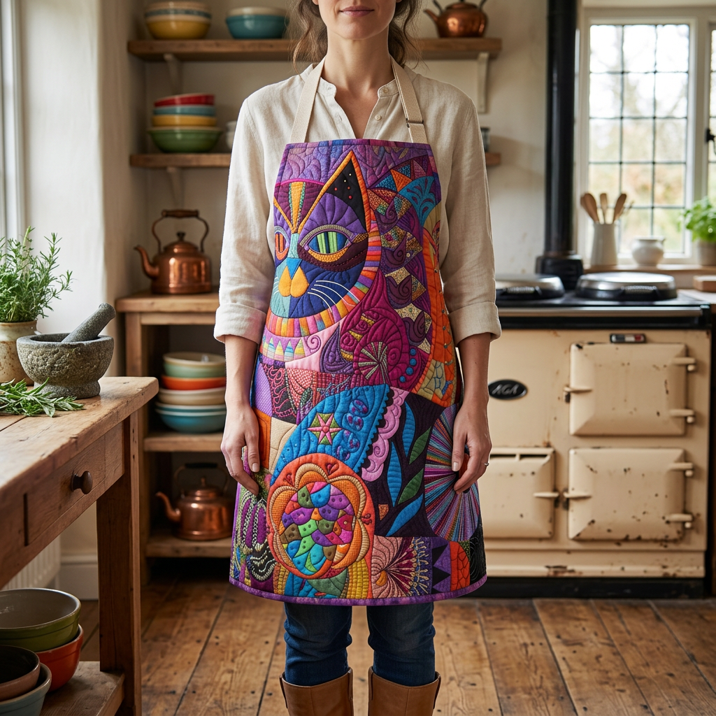 Gewatteerd keukenschort Boho Snorharen gedragen in de keuken