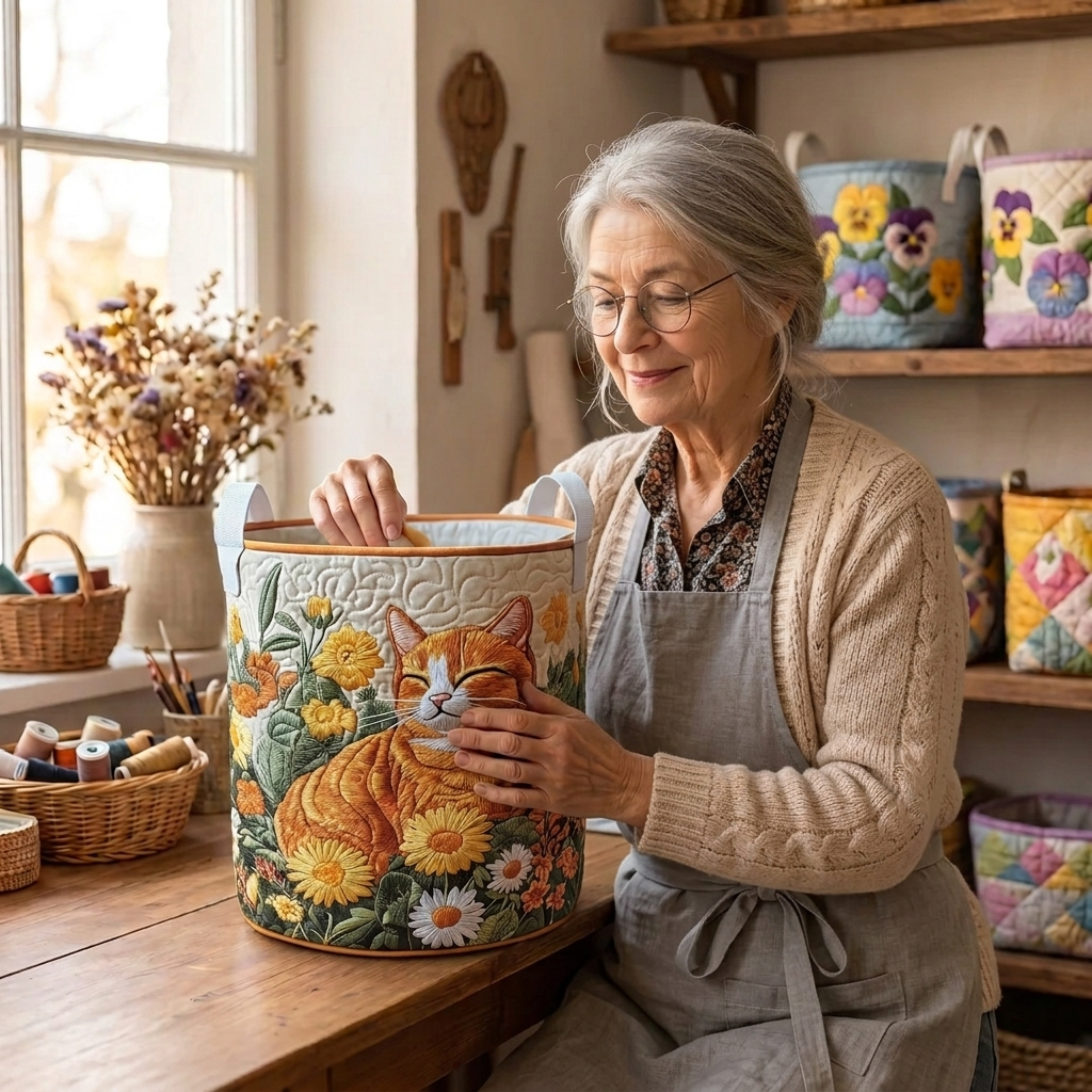Lien avec le panier à linge matelassé Chat des bois dans son atelier de couture