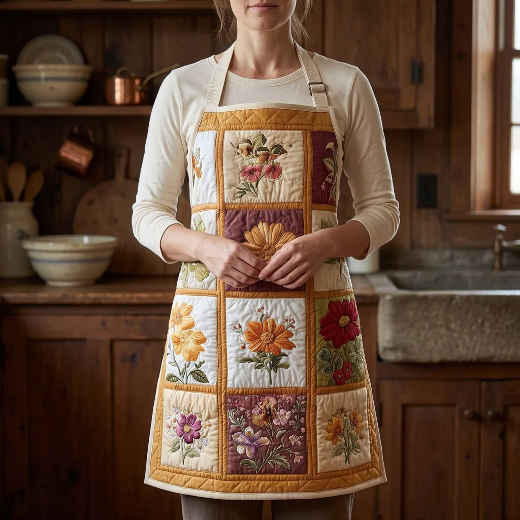 Tablier de cuisine matelassé Harmonie Florale porté dans la cuisine