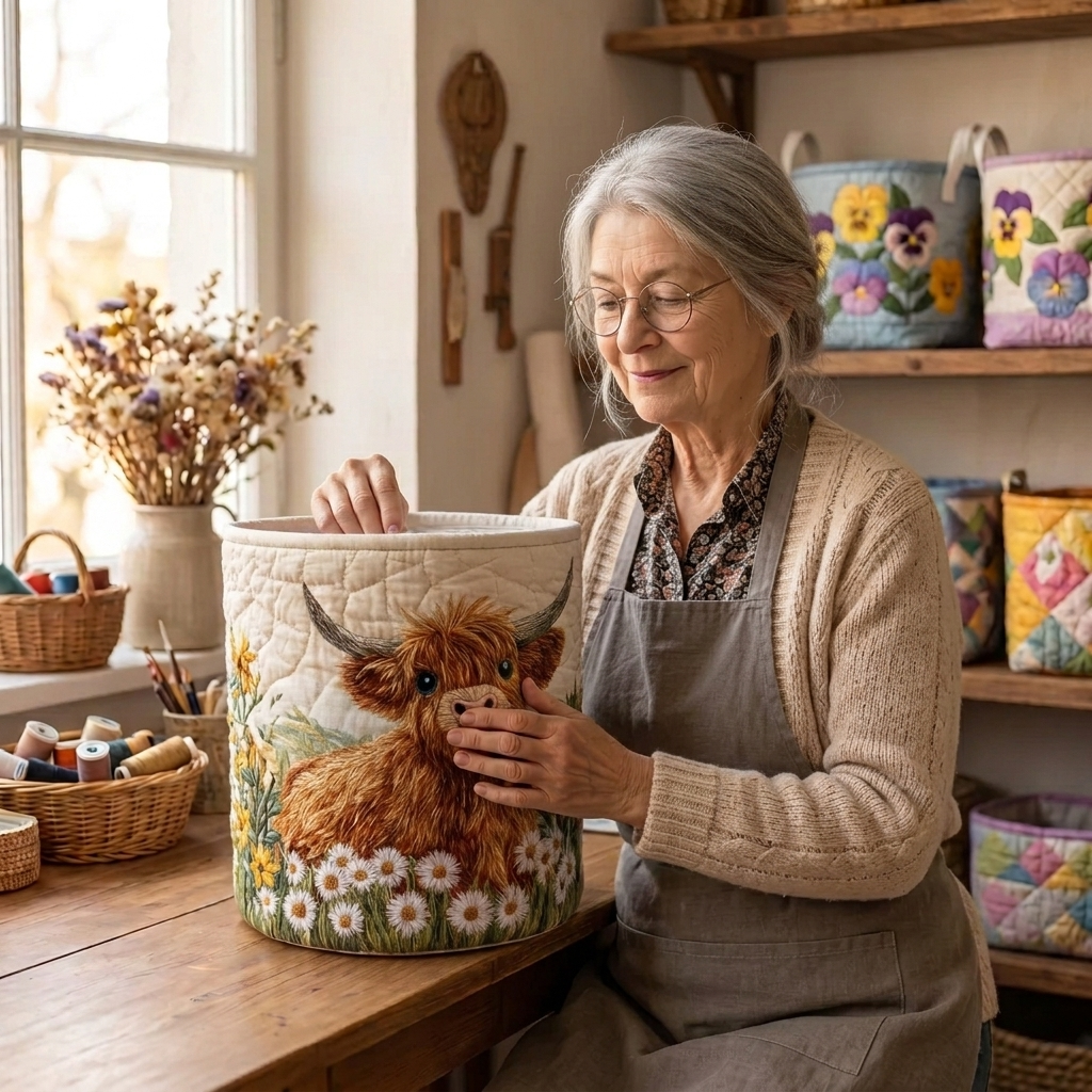 Lien avec le panier à linge matelassé Charme des Highlands dans son atelier de couture