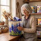 Lien avec le panier à linge matelassé Rêve de lupins bleus dans son atelier de couture