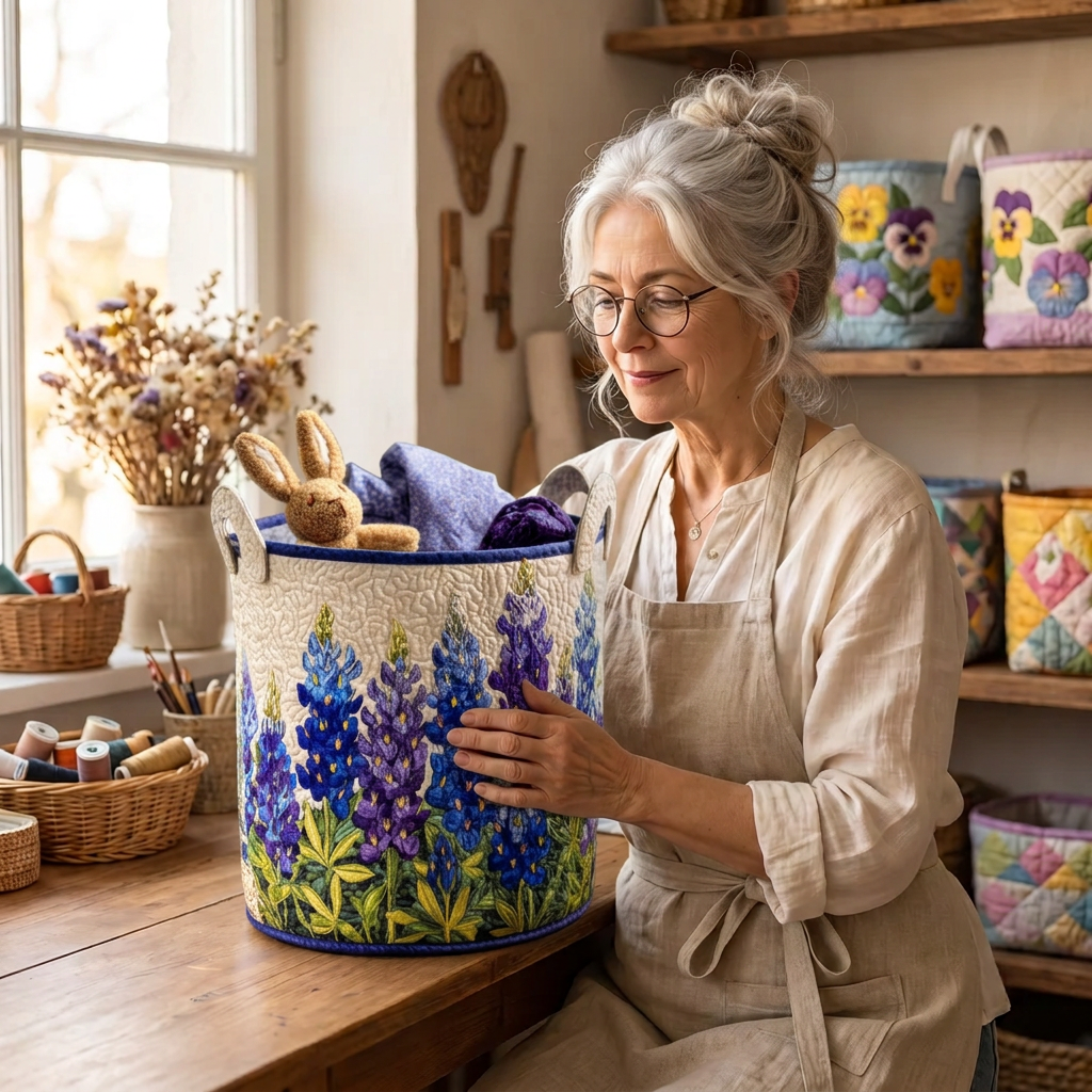 Lien avec le panier à linge matelassé Rêve de lupins bleus dans son atelier de couture