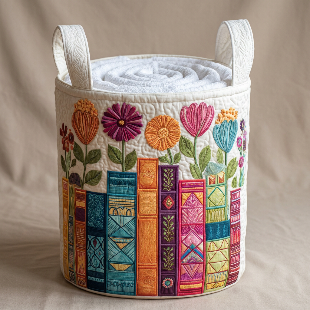 Gewatteerde wasmand Bloemenbibliotheek gevuld met opgerolde witte handdoeken